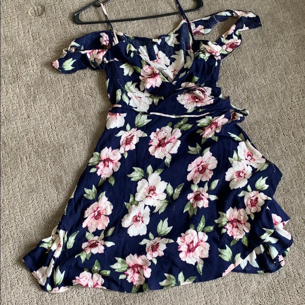 Blue floral off-shoulder wrap dress